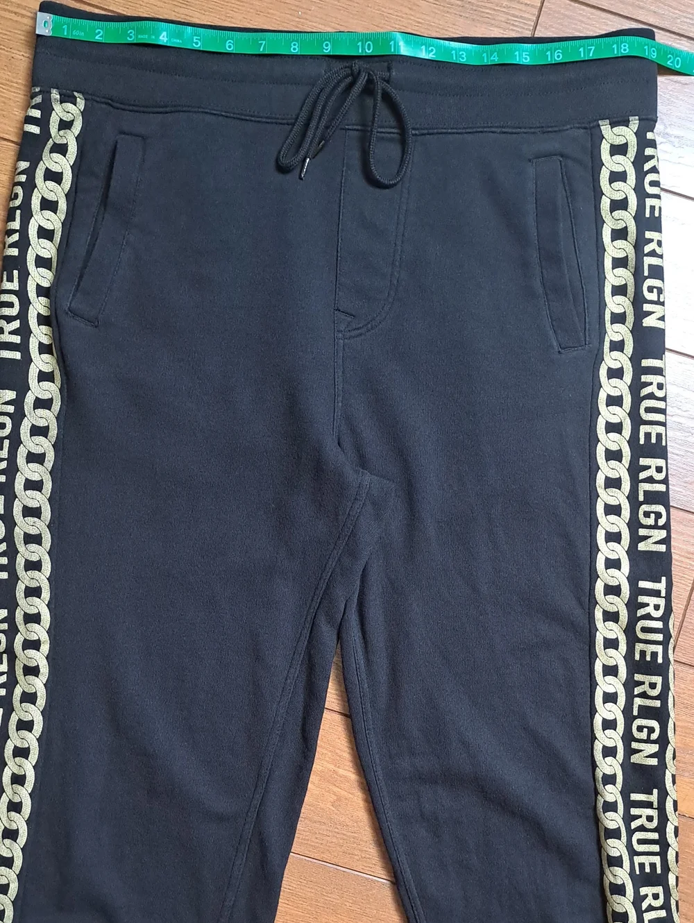 True Religion Gold Chain Link Side Stripe Joggers Black Mens Large Sweatpants